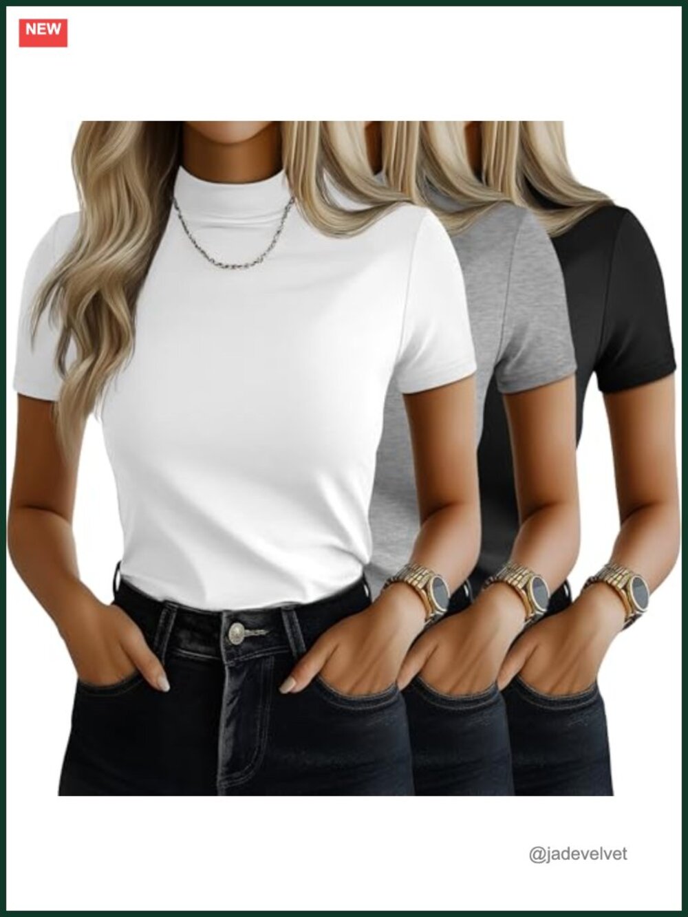 3 Pack Women's Mock Neck Short Sleeve Tees - Stretchy Knit Tops